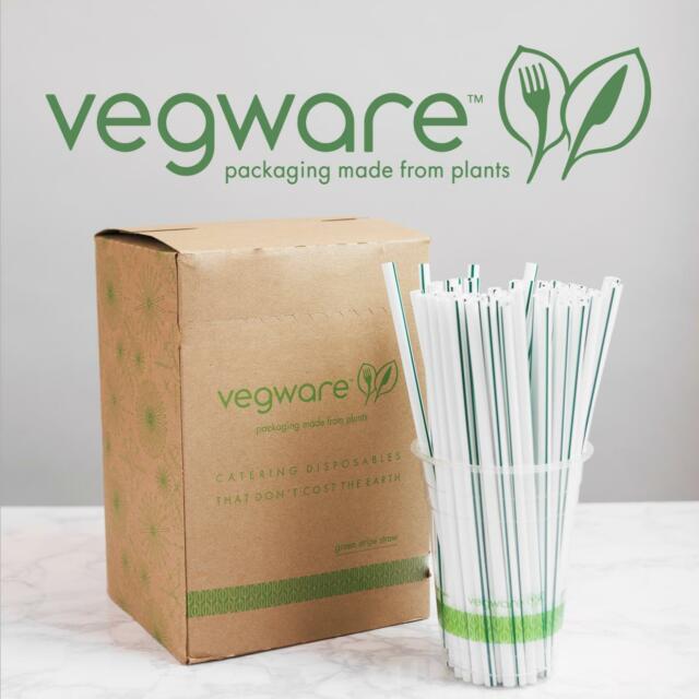 WS07-GS Vegware™ Compostable Unwrapped 8-1/4` Jumbo Green Striped Ecovio Straws